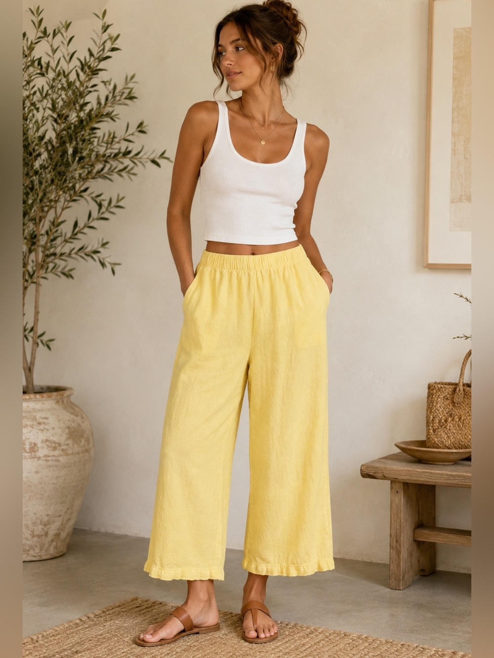 Butter Yellow Wide-Leg Elastic Waist Linen Blend Cropped Pants